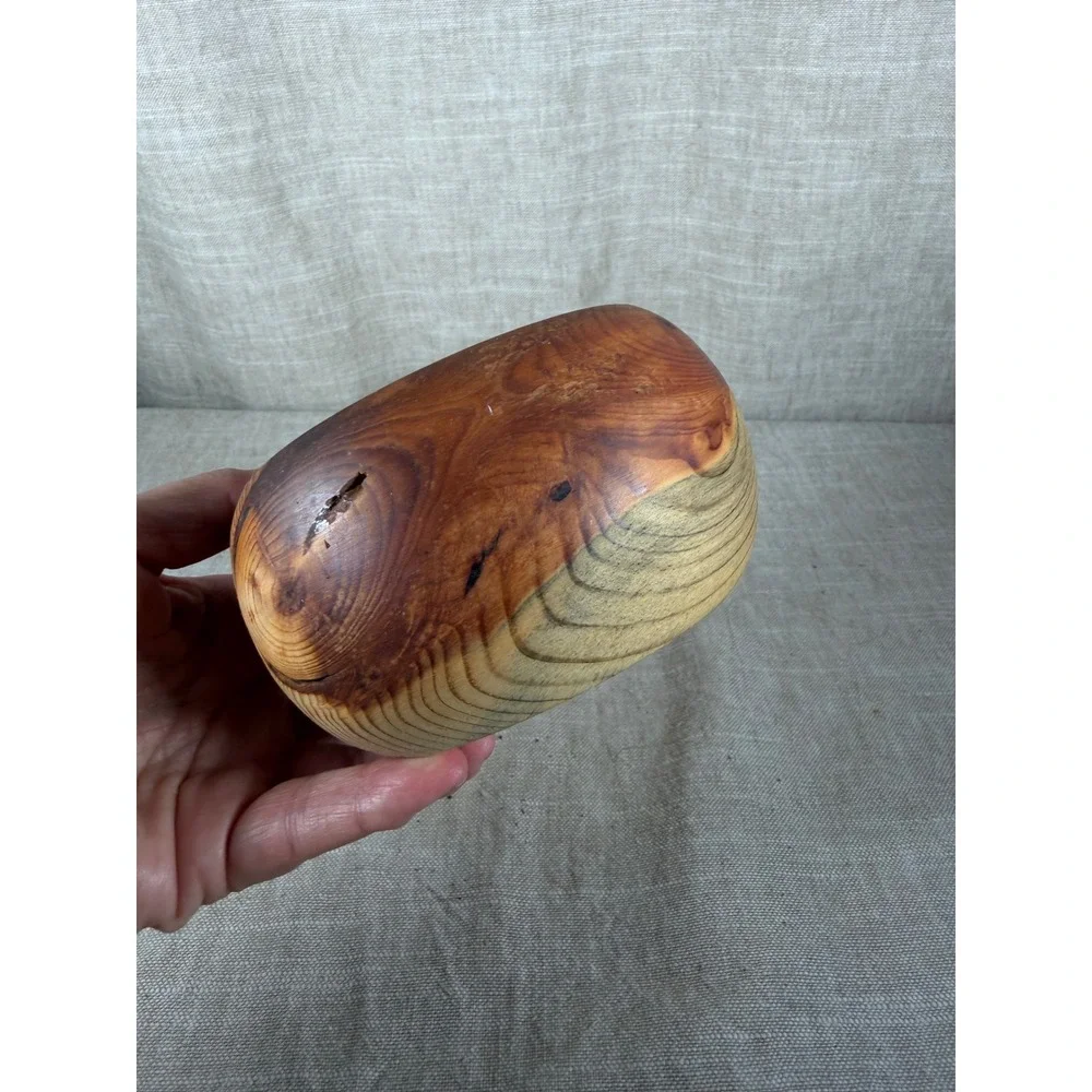 Wooden Bowl Good Vintage Hand Turned Round Natural Grain Rustic Farmhouse 4.5in